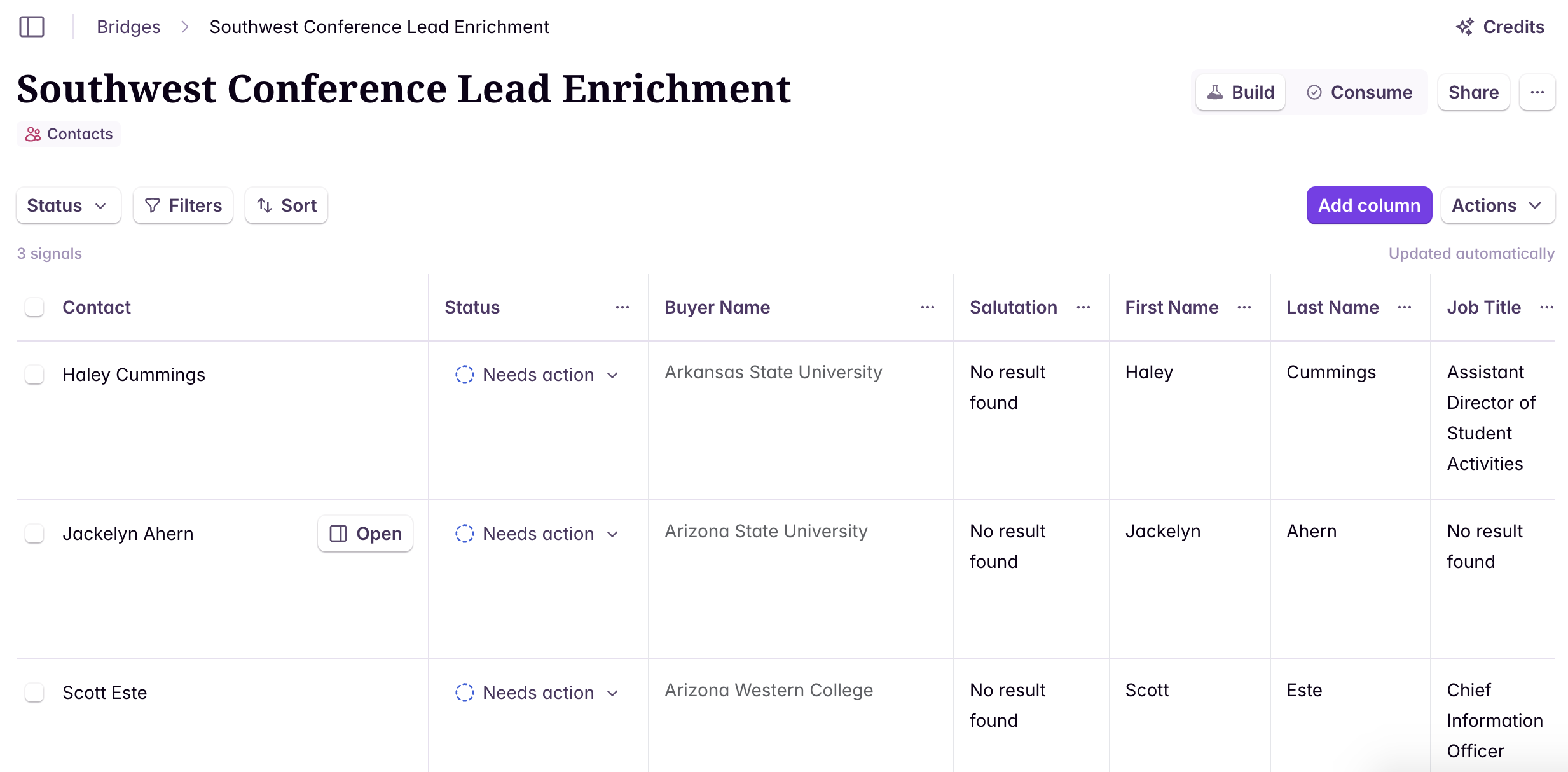 Completed bridge with enriched contact information