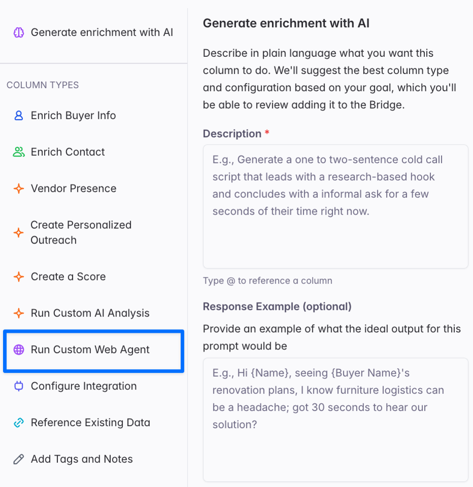 The Add enrichment panel with Run Custom Web Agent highlighted in the column types list.