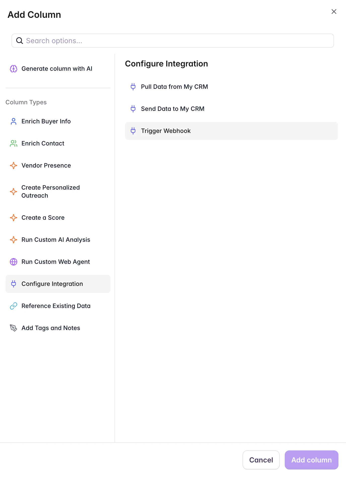 Starbridge webhook column configuration showing URL input and trigger options