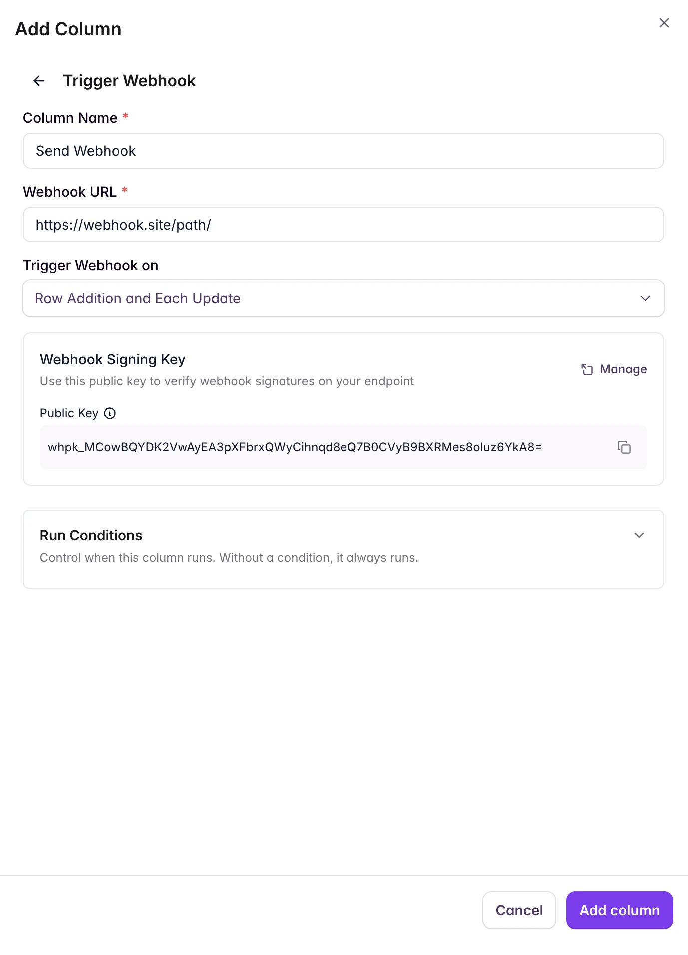 Webhook column configuration popup showing the public key