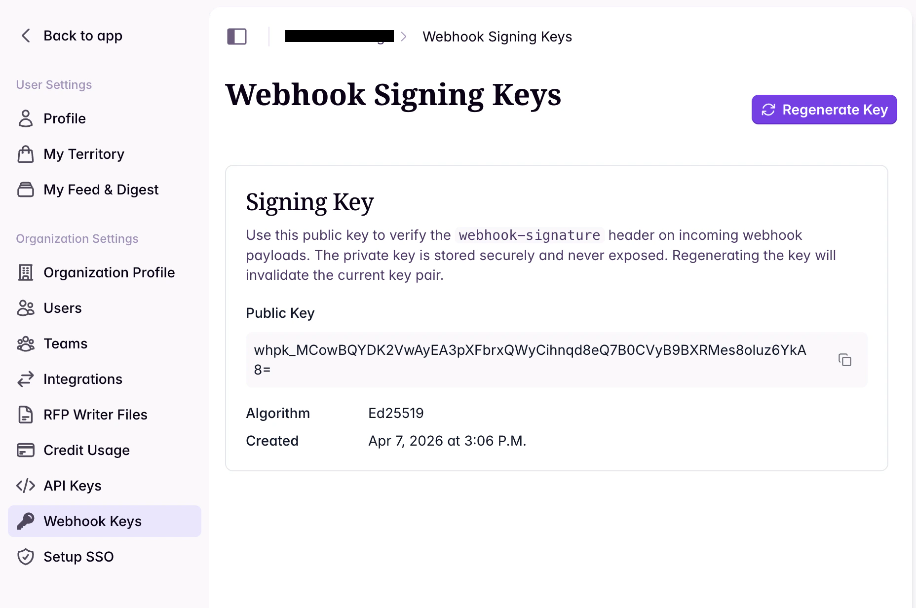 Starbridge settings page showing webhook signing keys