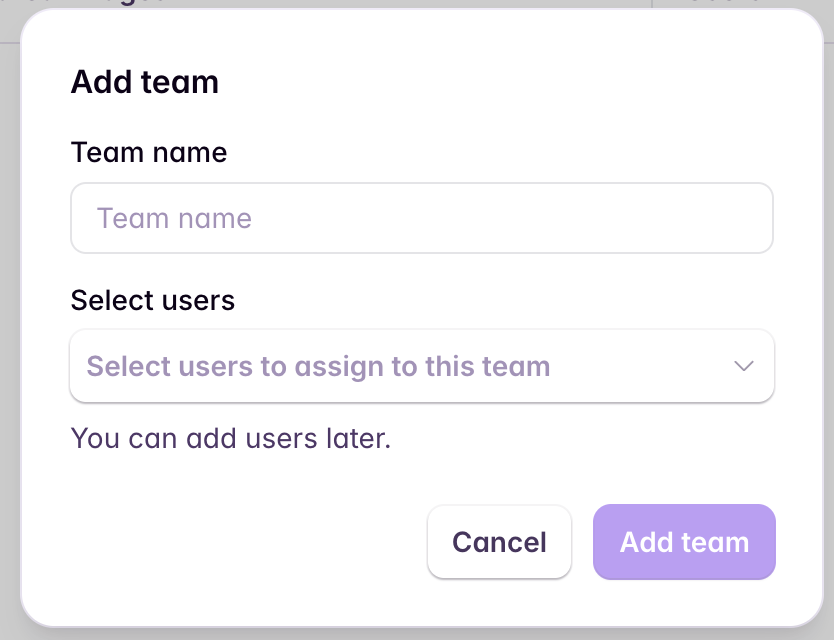 Create team dialog
