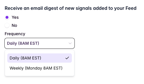 Settings → Feed & Email Digest showing email cadence options