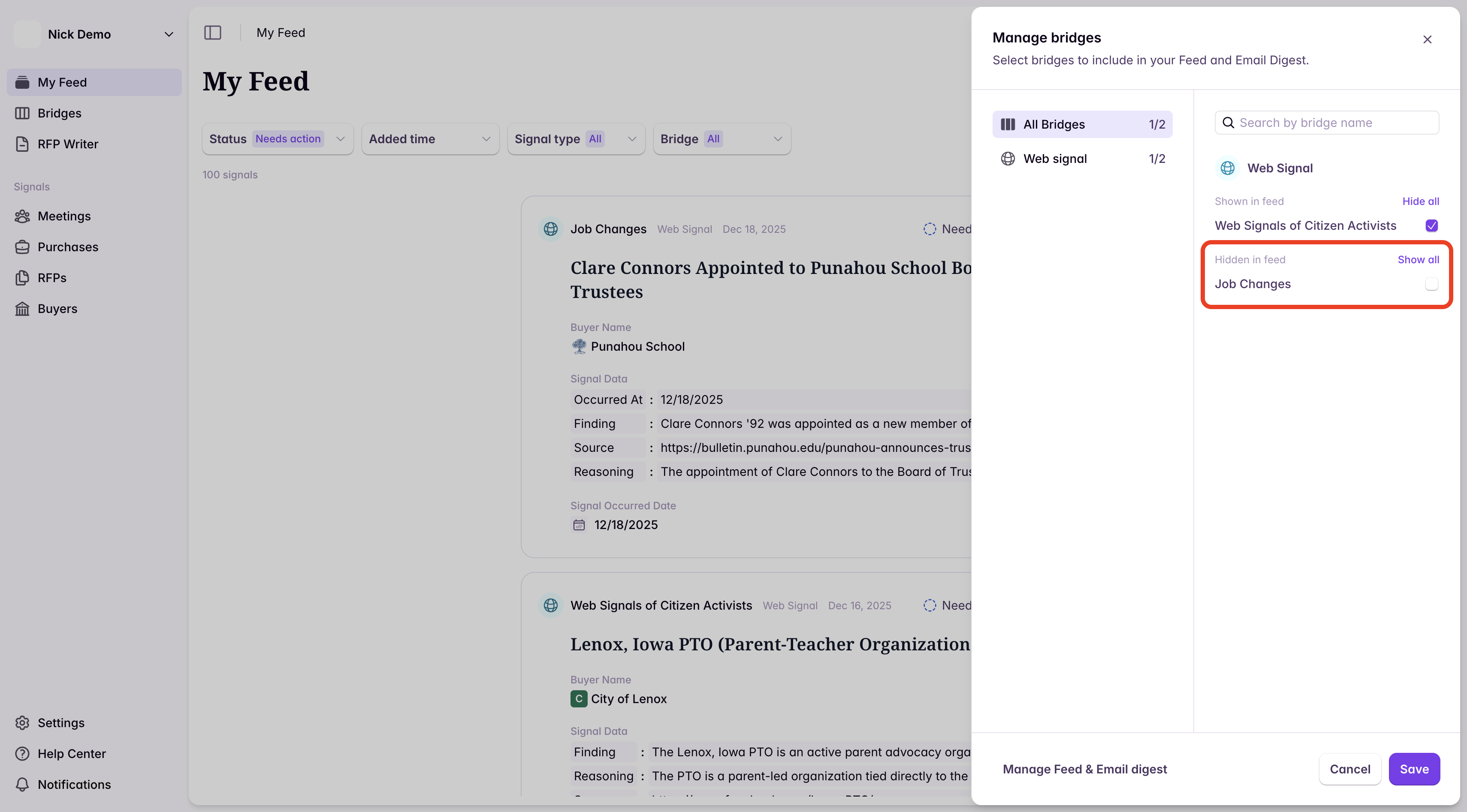 Configure my feed modal showing which bridges are included