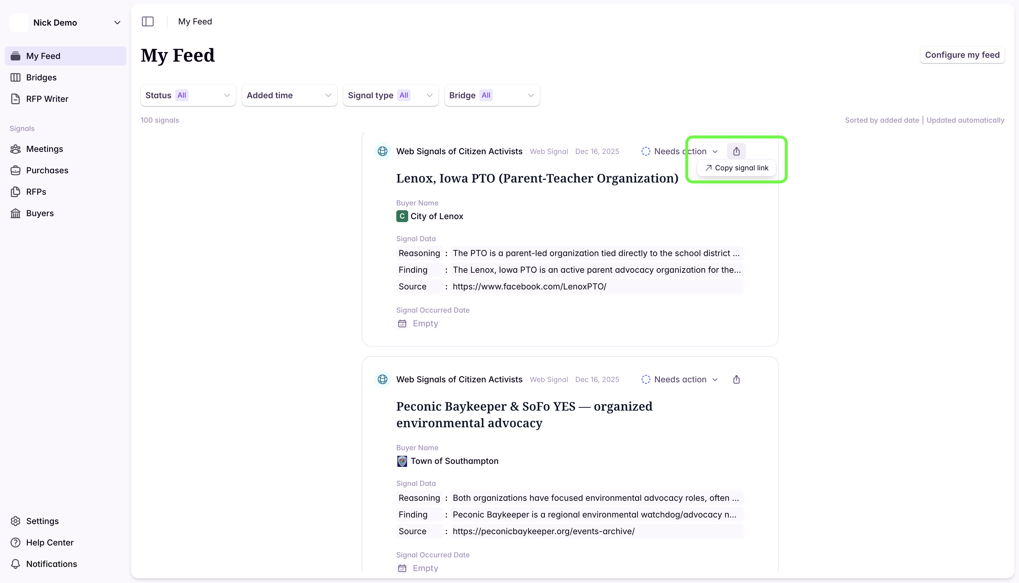 Send icon on a feed card used to copy a link