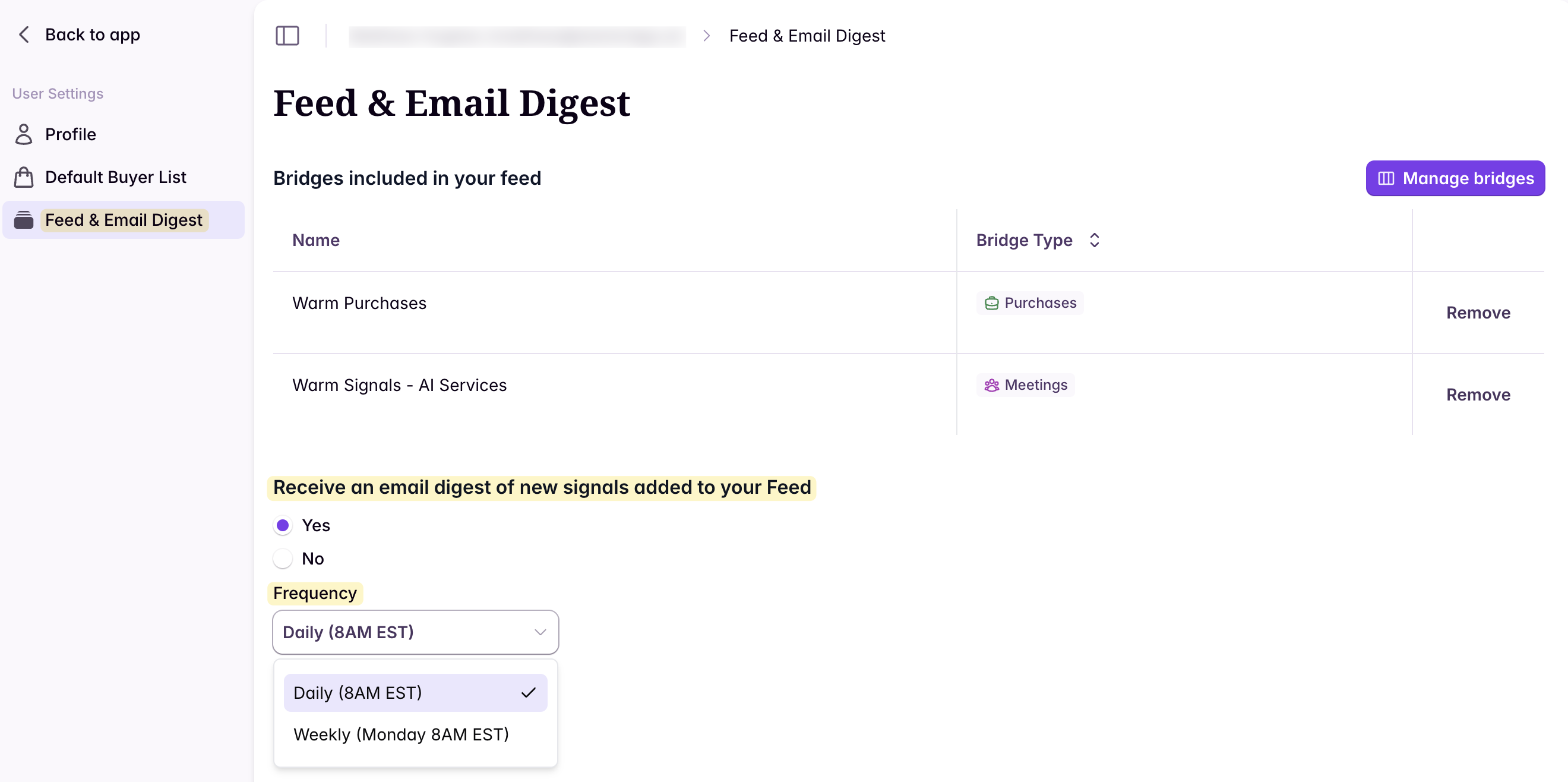 Settings page showing email digest cadence options