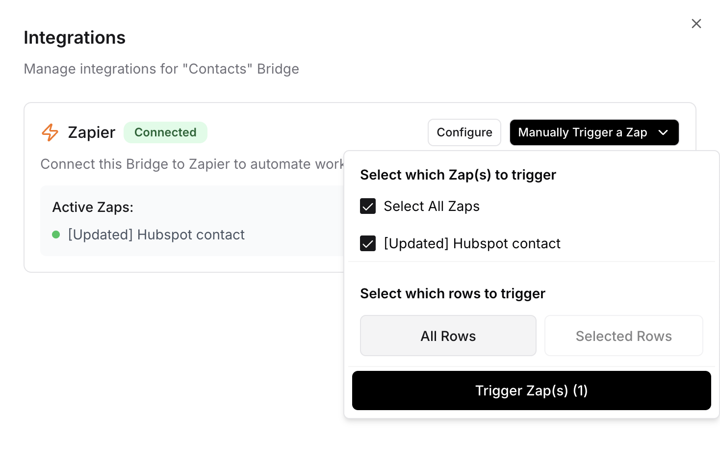 Starbridge UI showing manual send of selected rows to a Zapier Zap