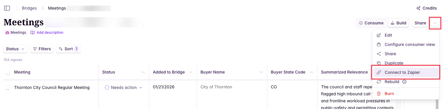 Starbridge integrations panel showing Zapier triggers and row selection