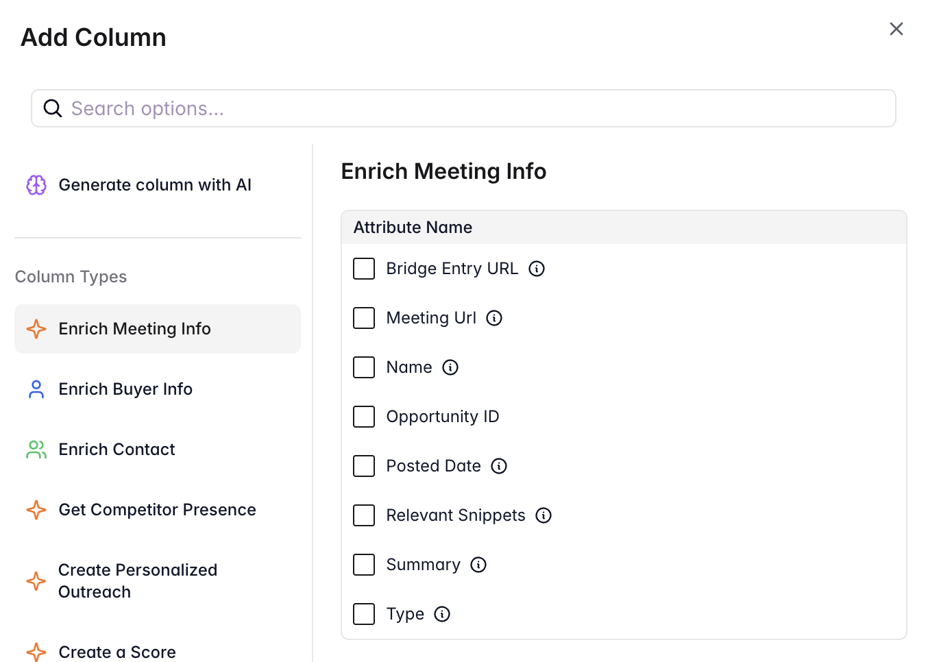 Meetings bridge specific columns selector