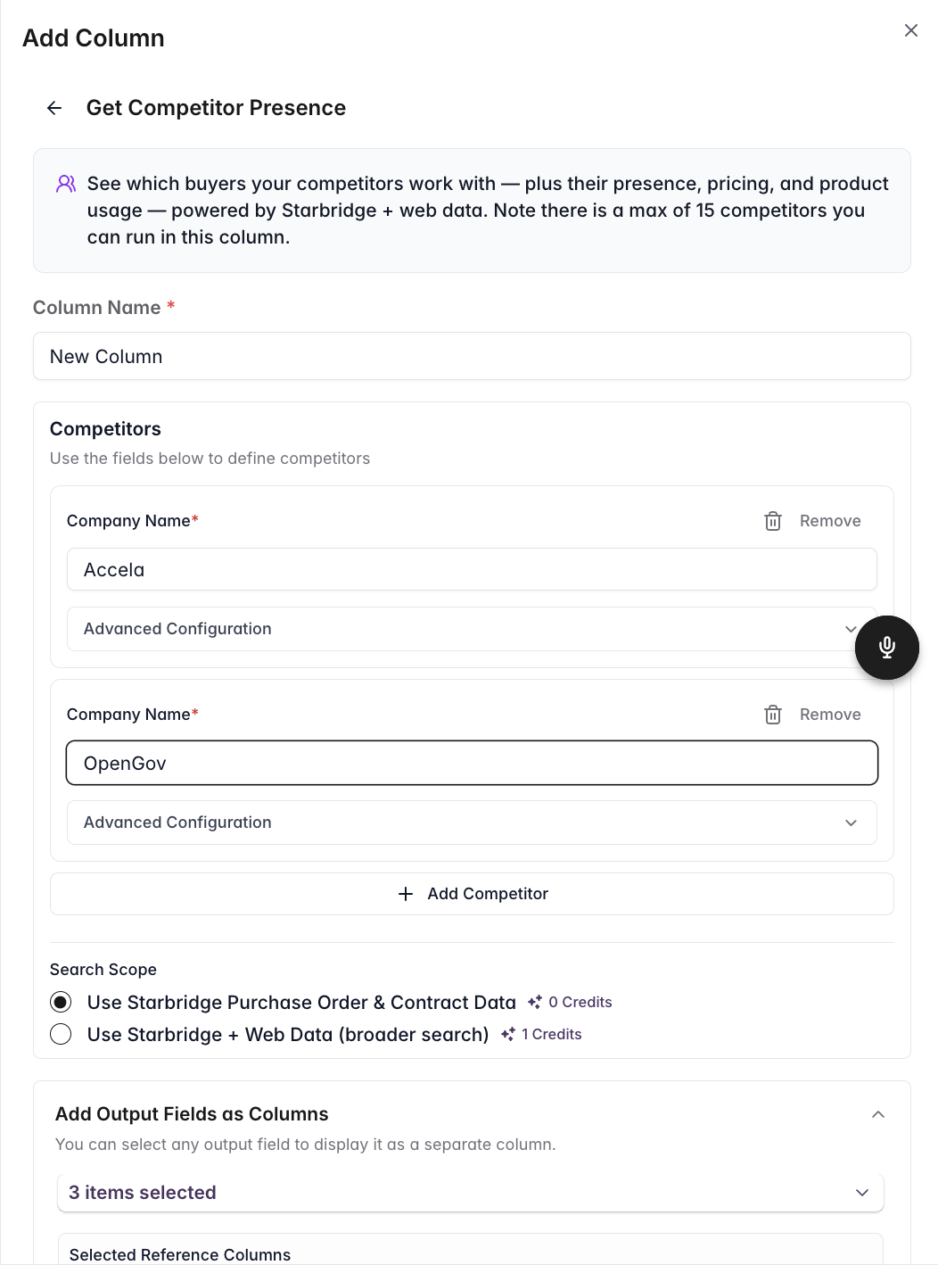 Competitor presence column configuration