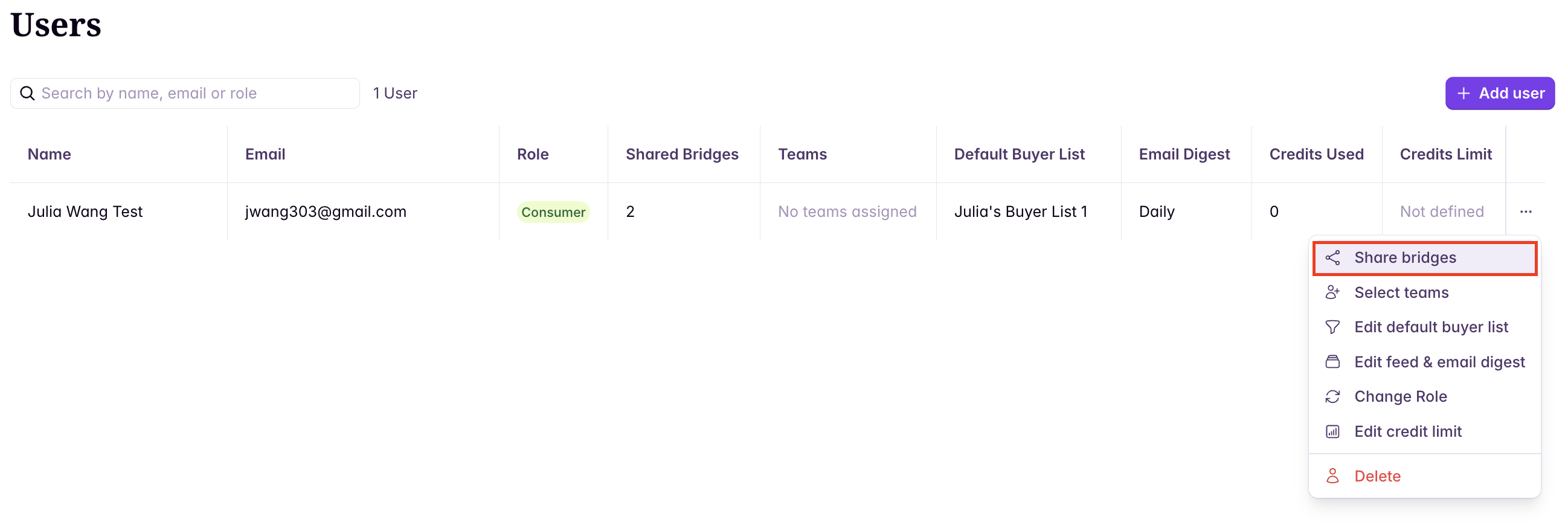 Sharing a bridge with specific users (step 2)