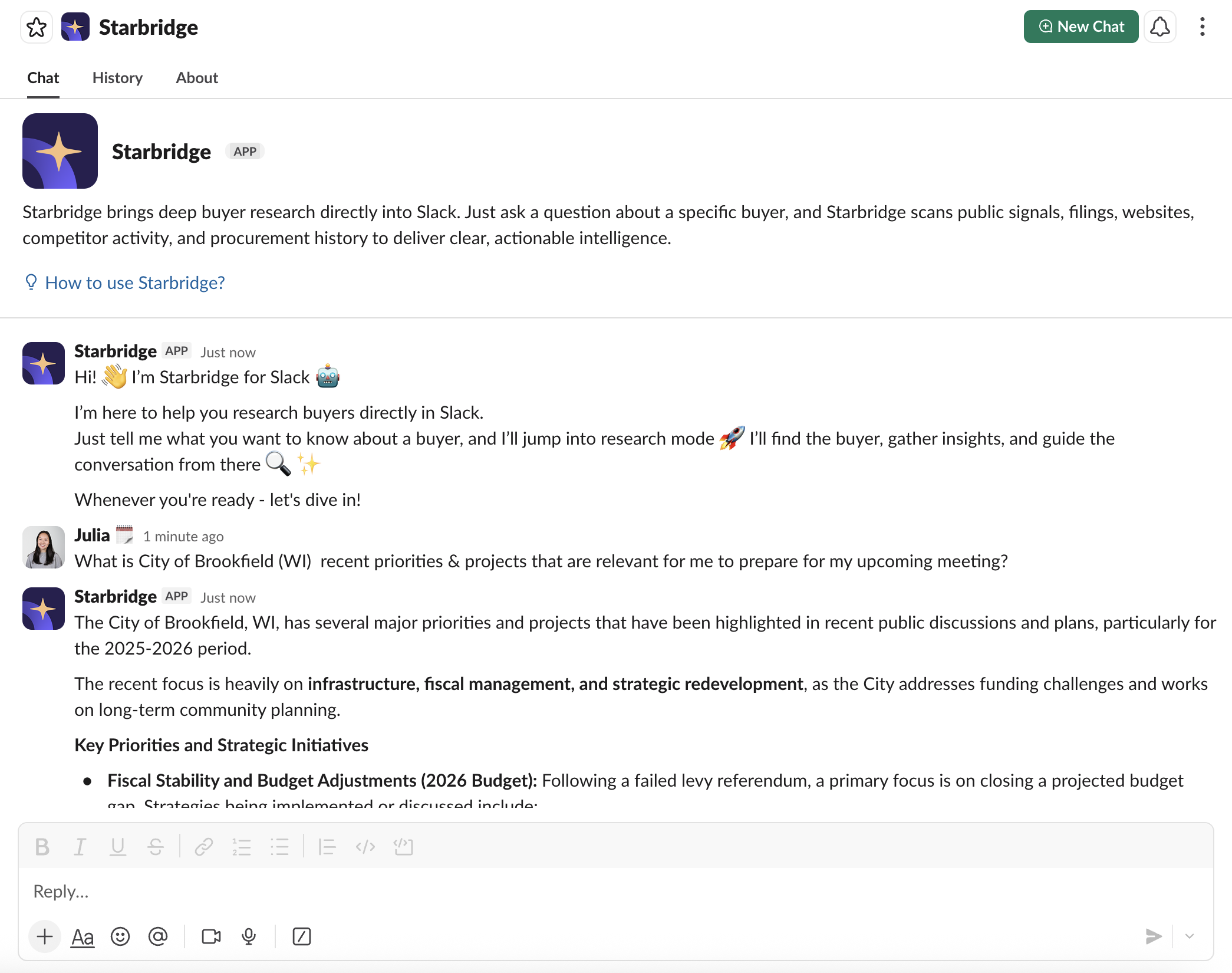 Ask Starbridge chat in Slack