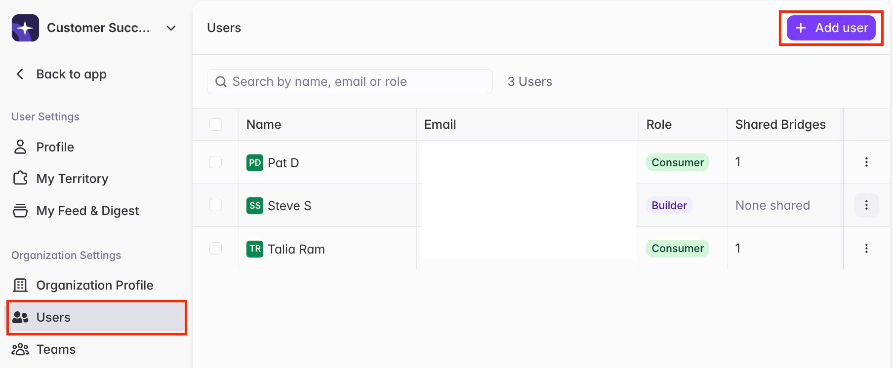 Users settings screen