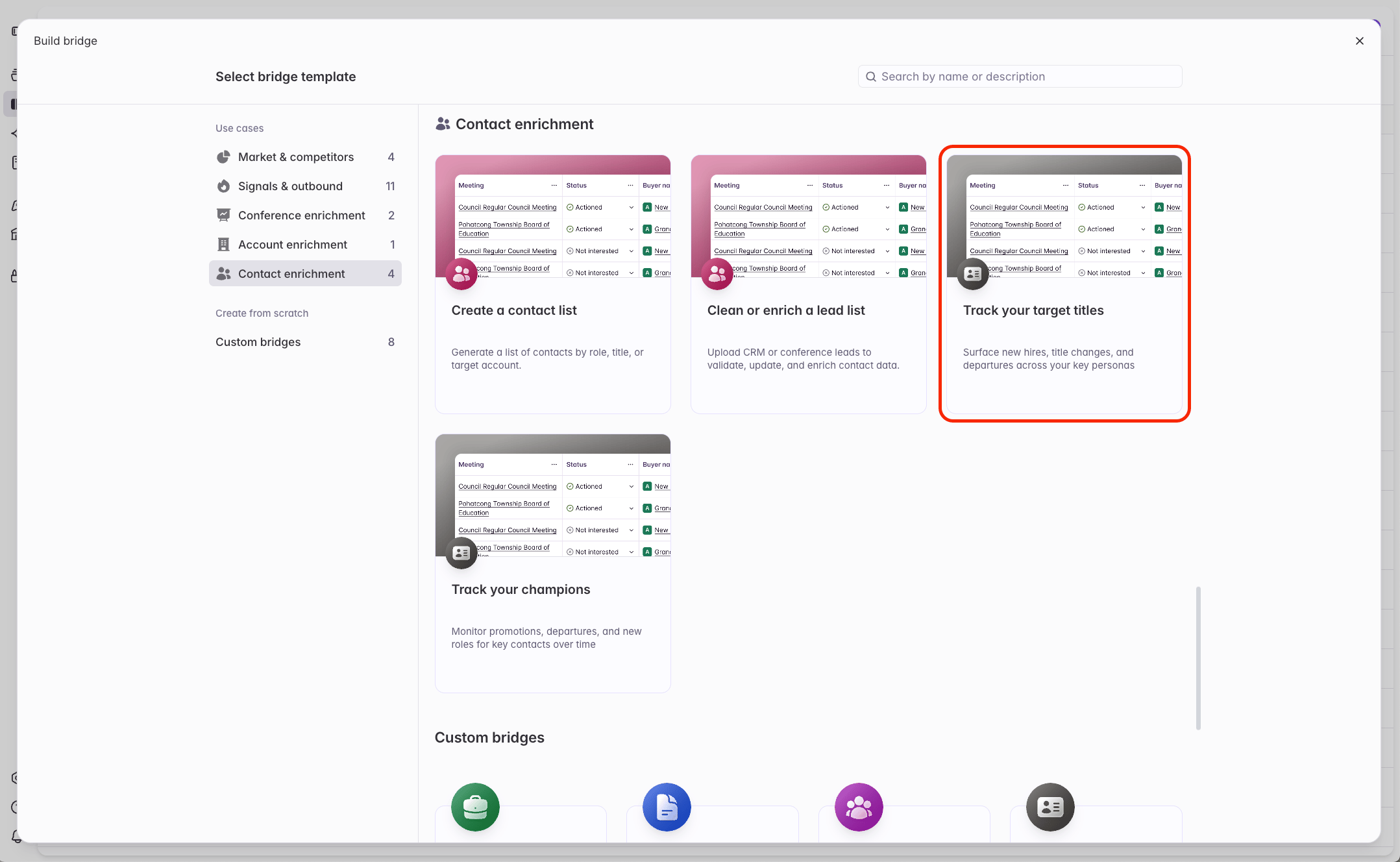 Selecting the Track your target titles Bridge template
