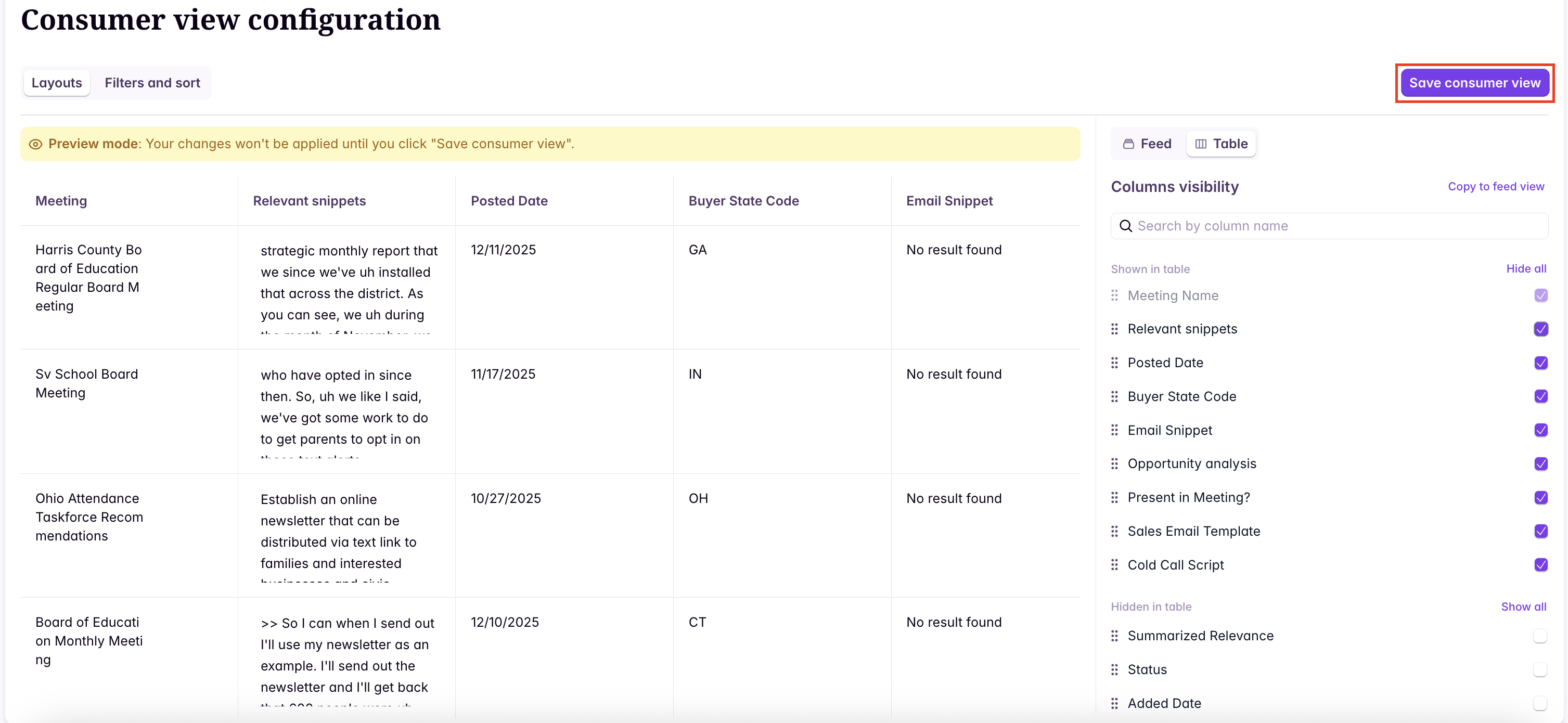 Consumer view configuration screen with live preview