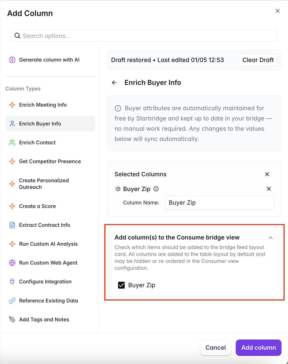Add column flow showing option to include column in consumer view