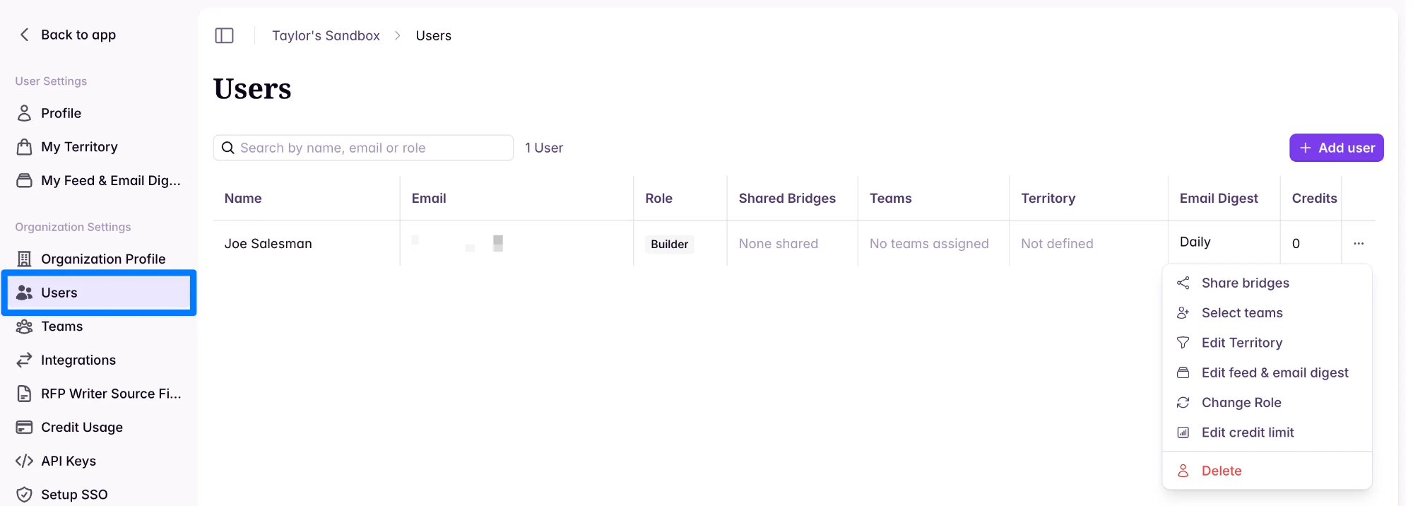 Users settings screen