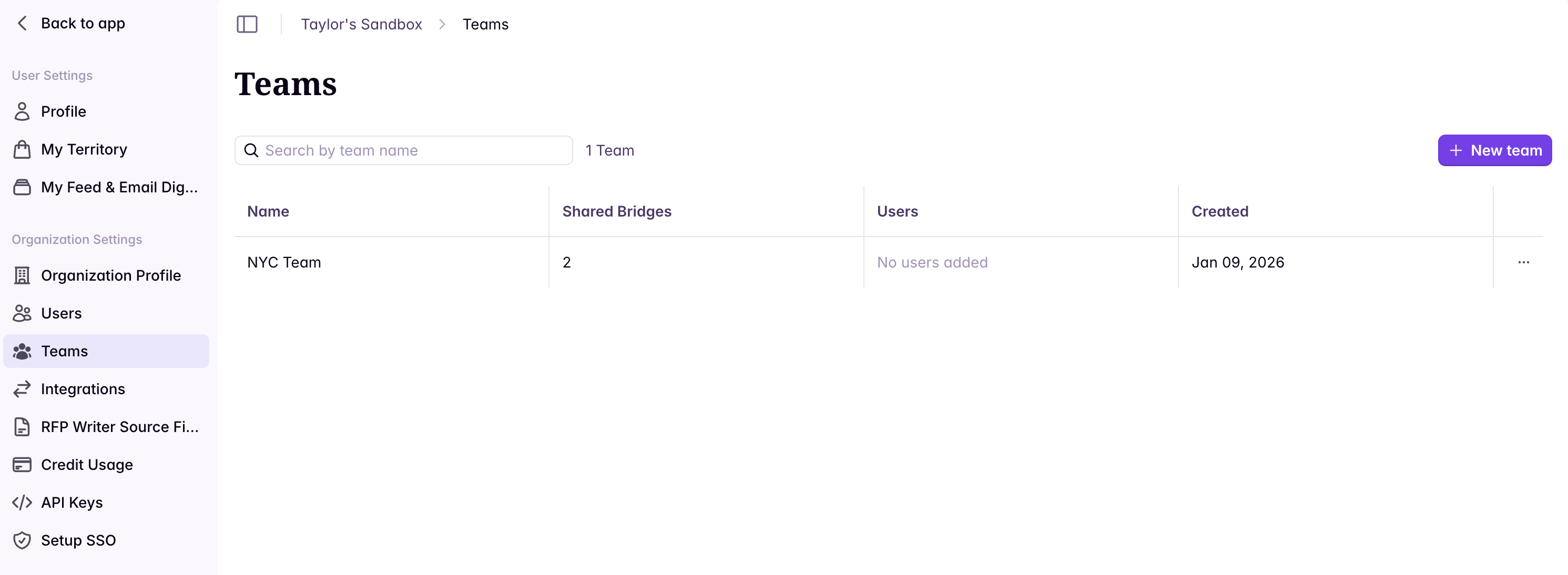 Teams settings screen