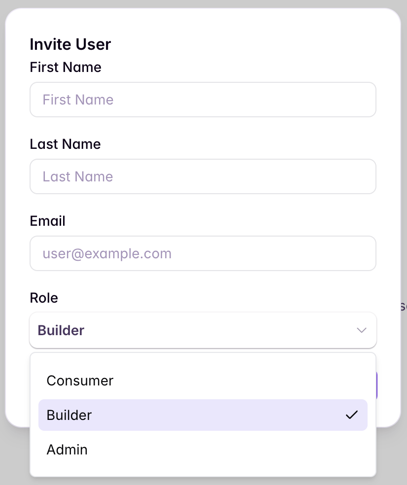Add user dialog showing role selection