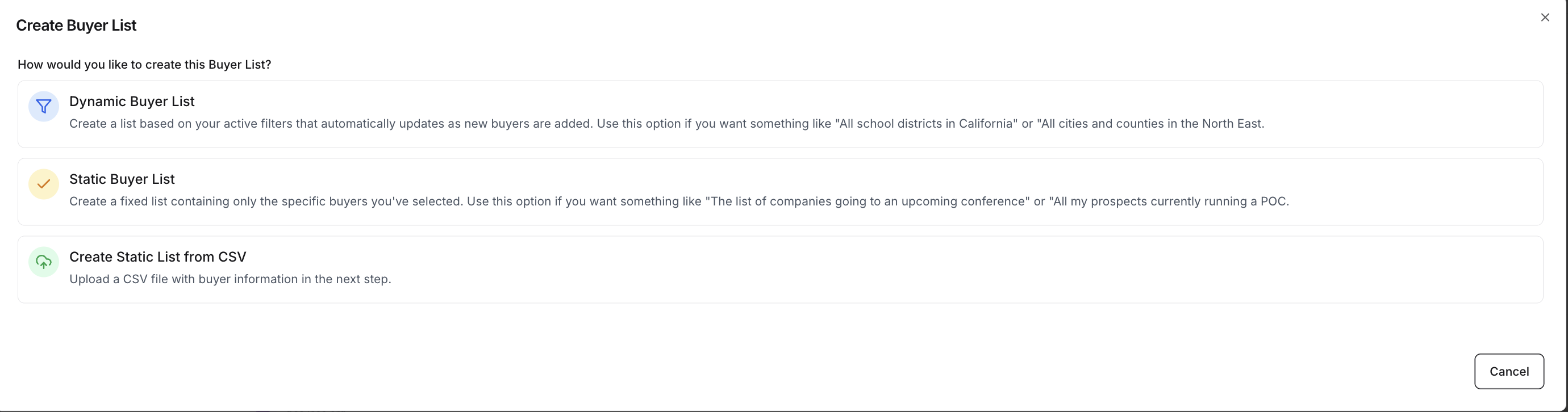 Create buyer list dialog