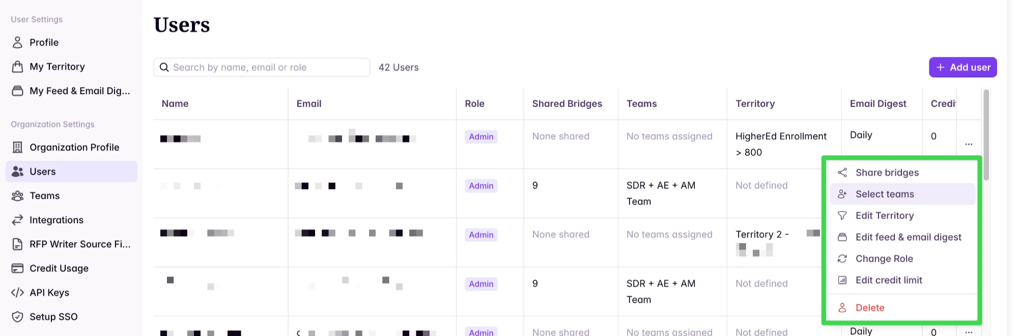 Selecting teams for an individual user