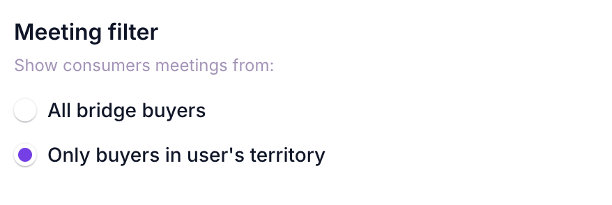 Meeting filter settings showing territory toggle