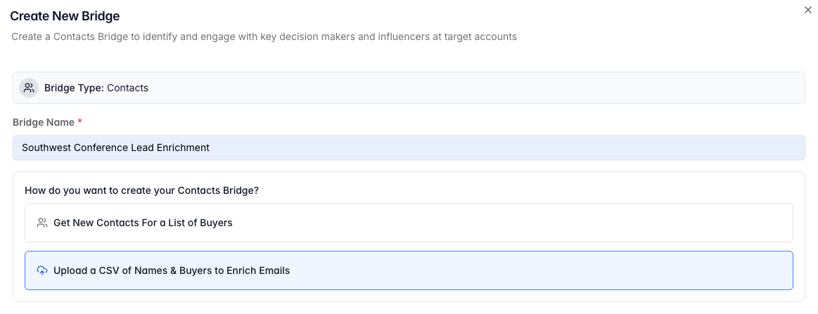 Upload a CSV of Names & Buyers selection screen
