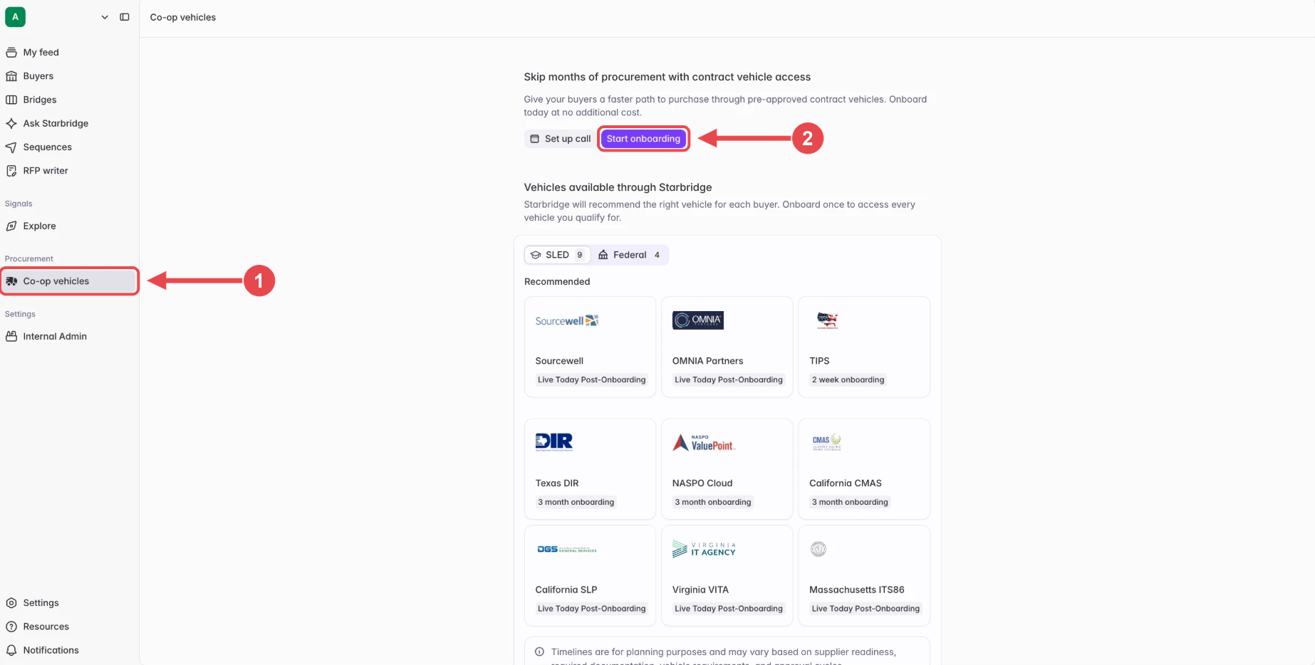 The Co-op vehicles page in Starbridge, with Co-op vehicles selected in the sidebar and the Start onboarding button at the top