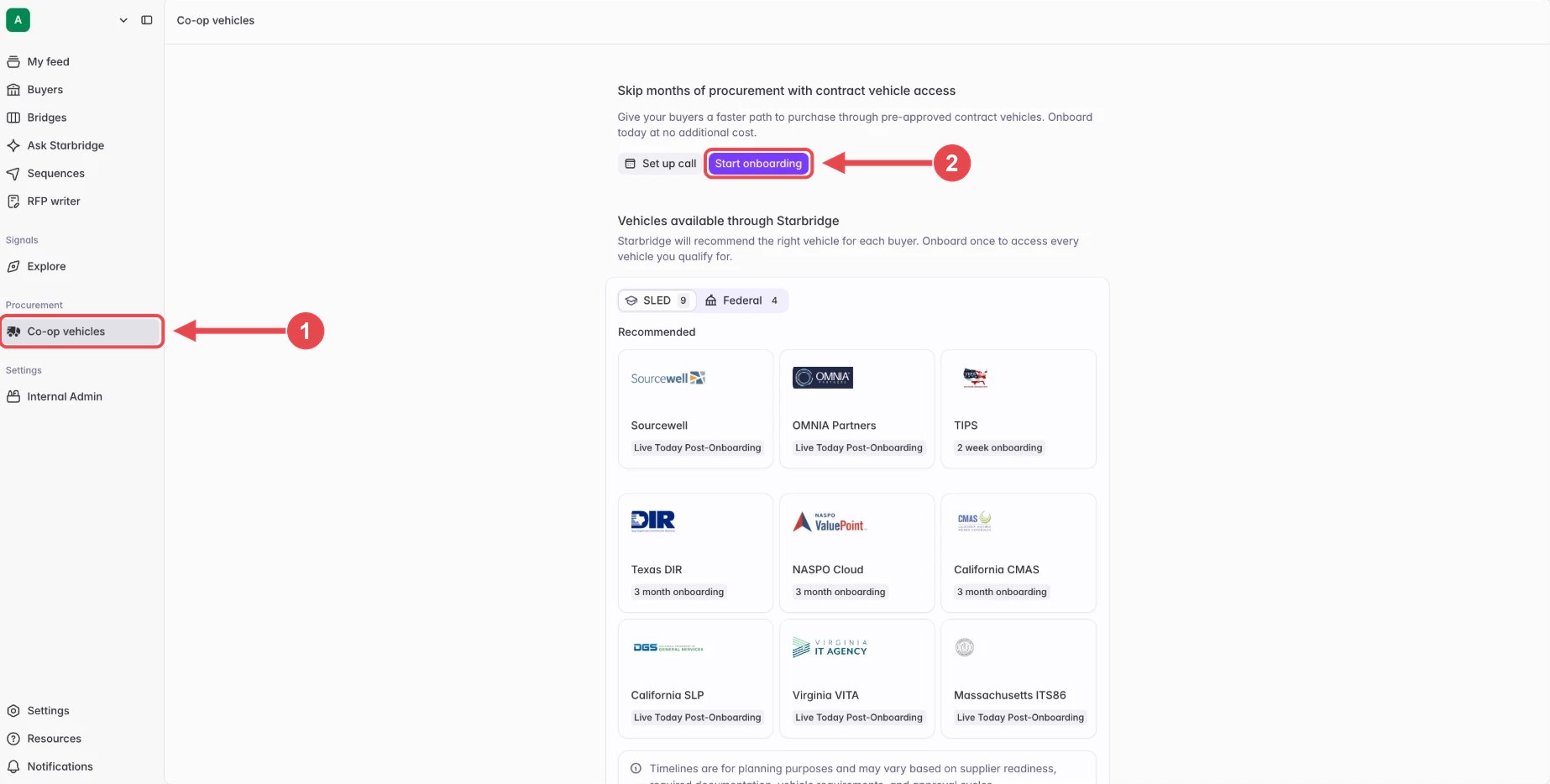 The Co-op vehicles page in Starbridge, with Co-op vehicles selected in the sidebar and the Start onboarding button at the top