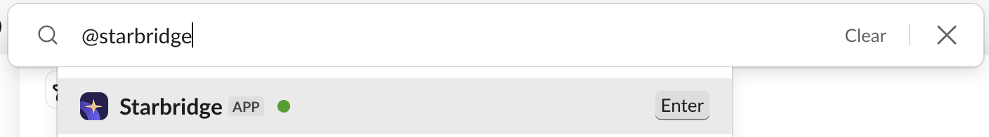 Slack UI showing how to find Starbridge under Apps