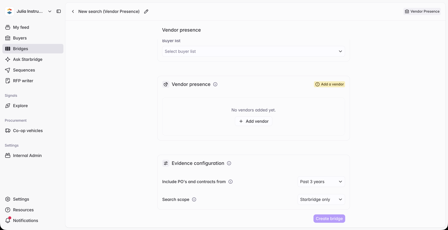 The Vendor Presence Bridge create form