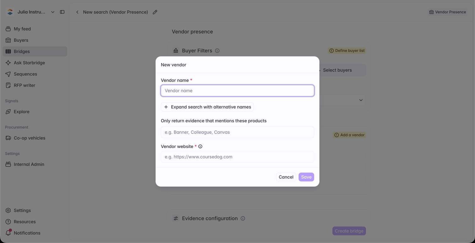 The New vendor modal with an alternative name being added