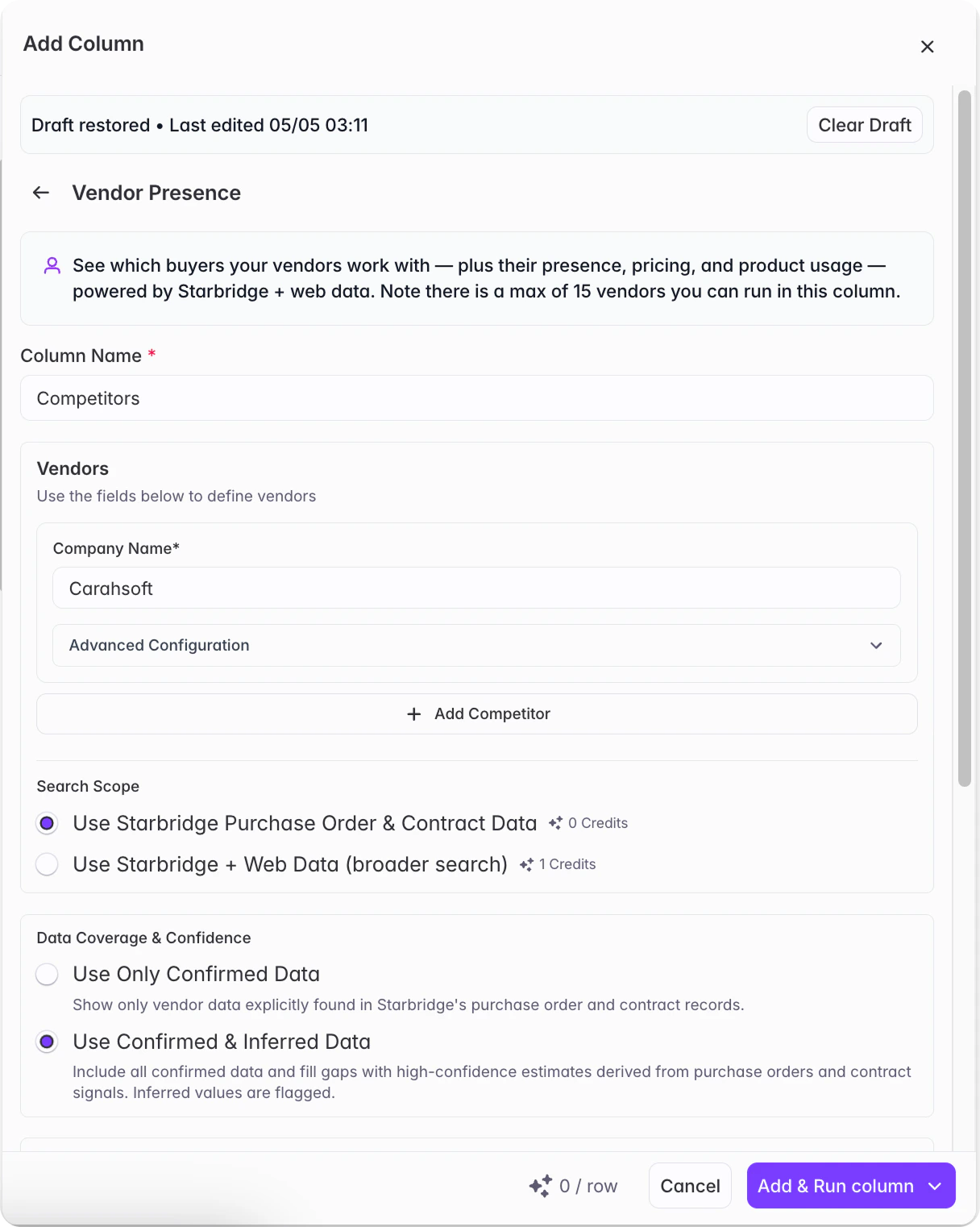 Competitor presence column configuration