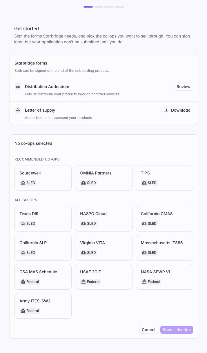 The Get started step of co-op onboarding, showing Starbridge forms and the co-op picker