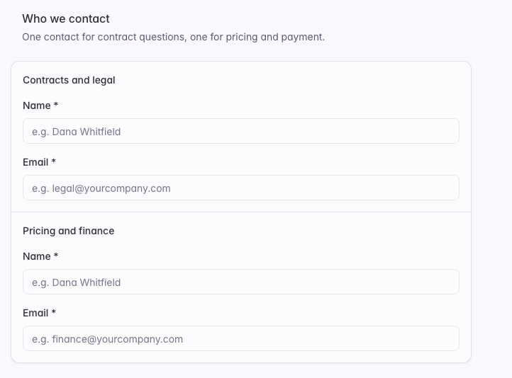 The Who we contact step, with name and email fields for contracts and legal, and for pricing and finance