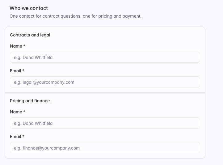 The Who we contact step, with name and email fields for contracts and legal, and for pricing and finance