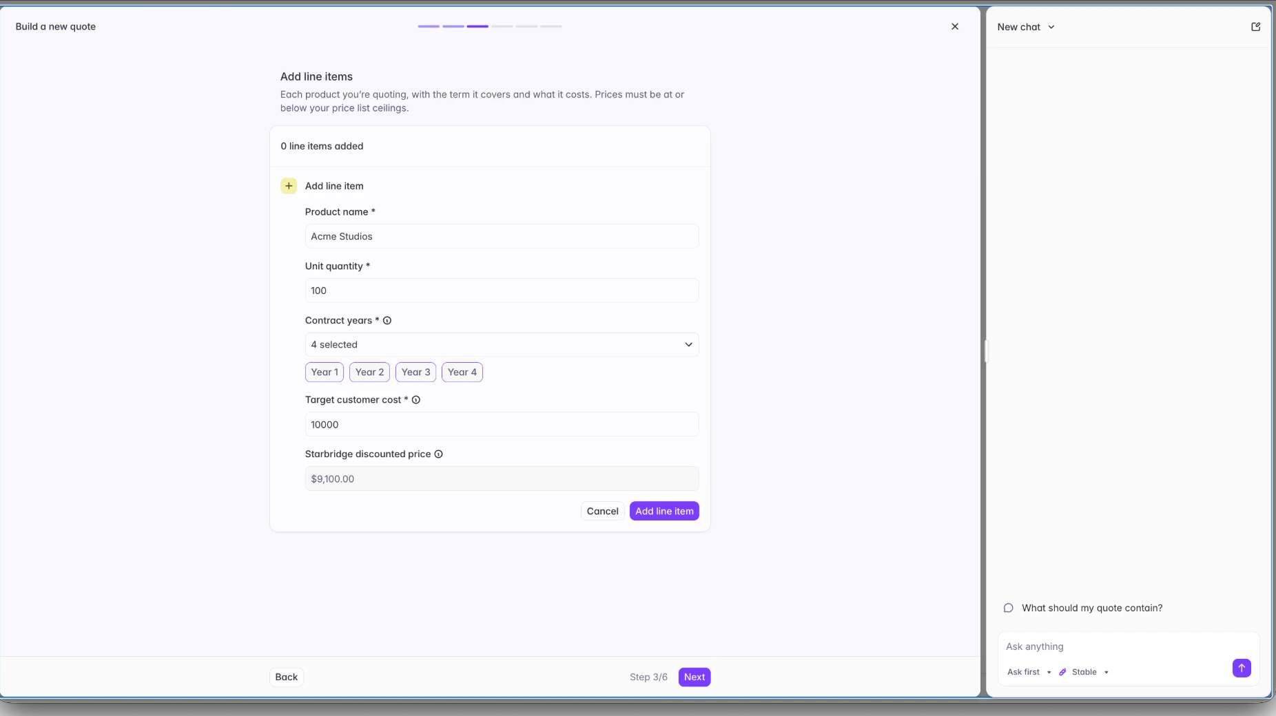 The Add line items step, showing product name, quantity, contract years, target customer cost, and Starbridge discounted price