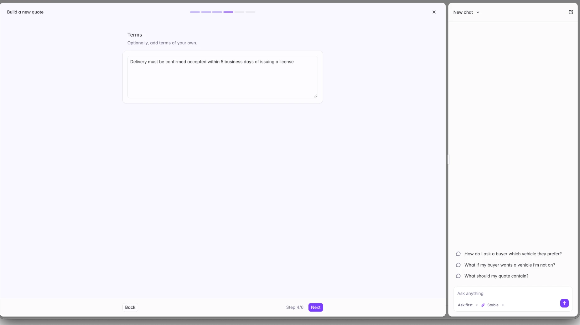 The Terms step, with a free text field