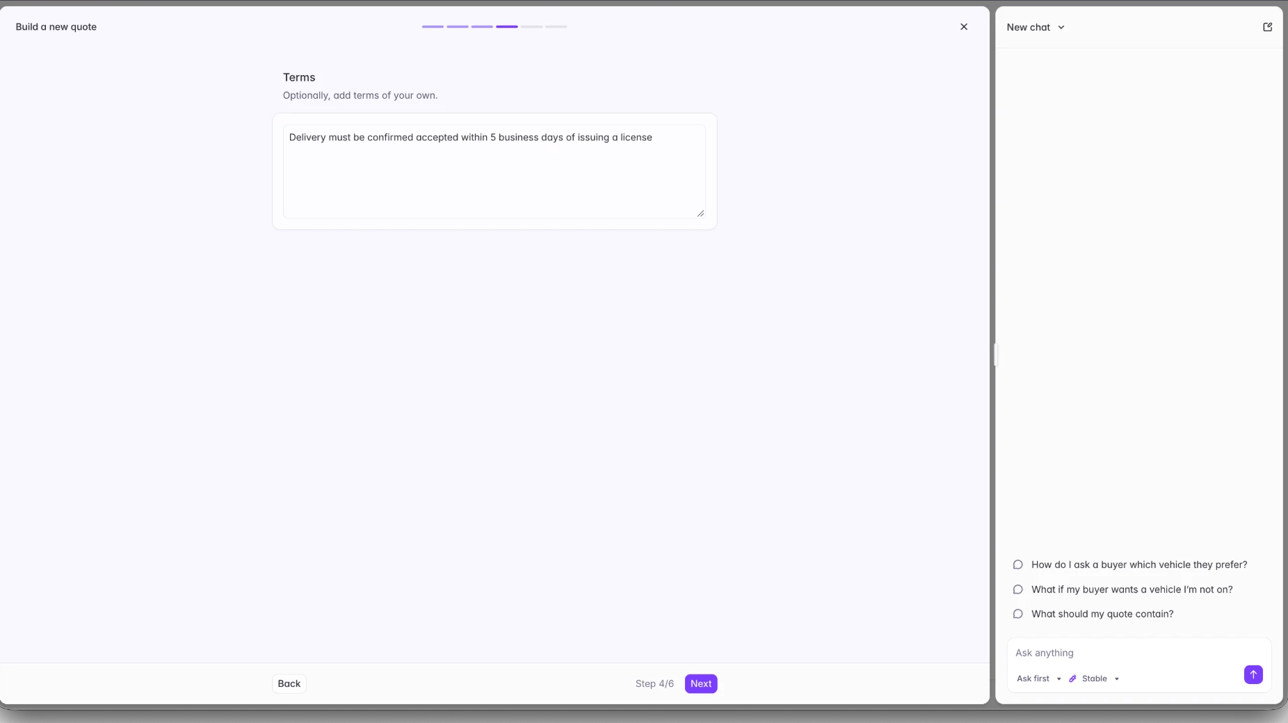 The Terms step, with a free text field
