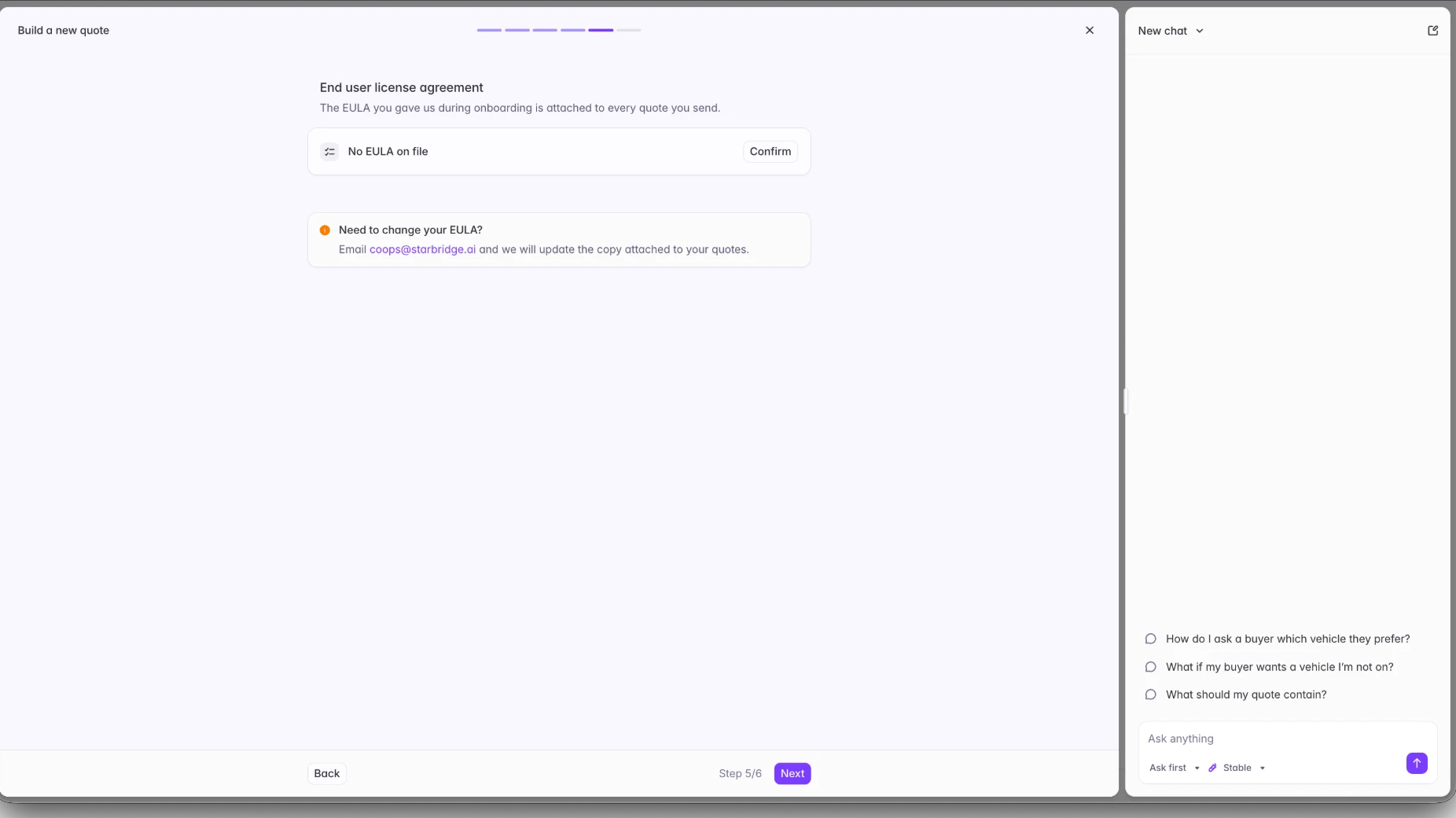 The End user license agreement step, with a confirm action and a note on changing your EULA