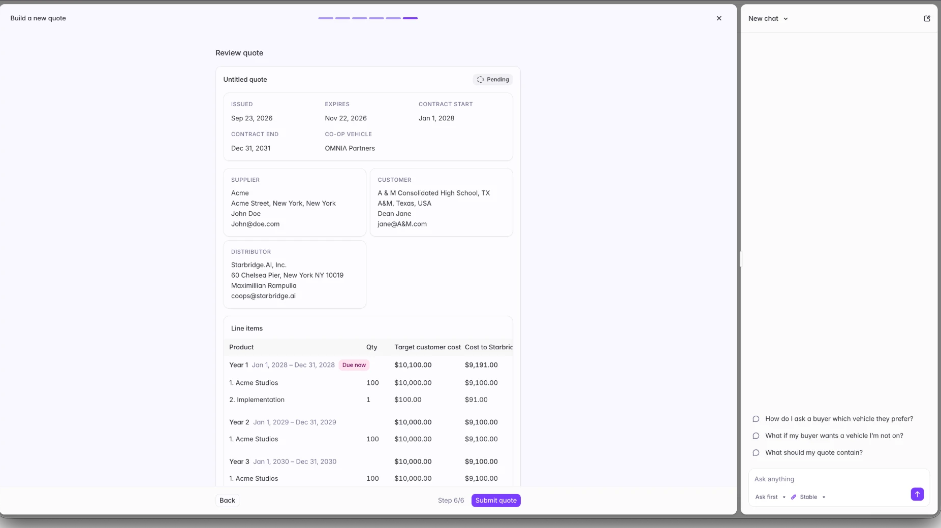 The Review quote step, showing issue and expiry dates, supplier, customer and distributor blocks, and line items grouped by contract year