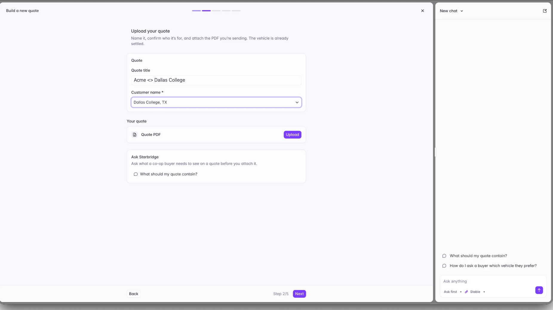 The Upload your quote step, with a quote title, customer name, and a Quote PDF upload