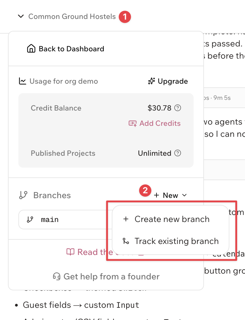 Project branch menu with Create new branch and Track existing branch actions