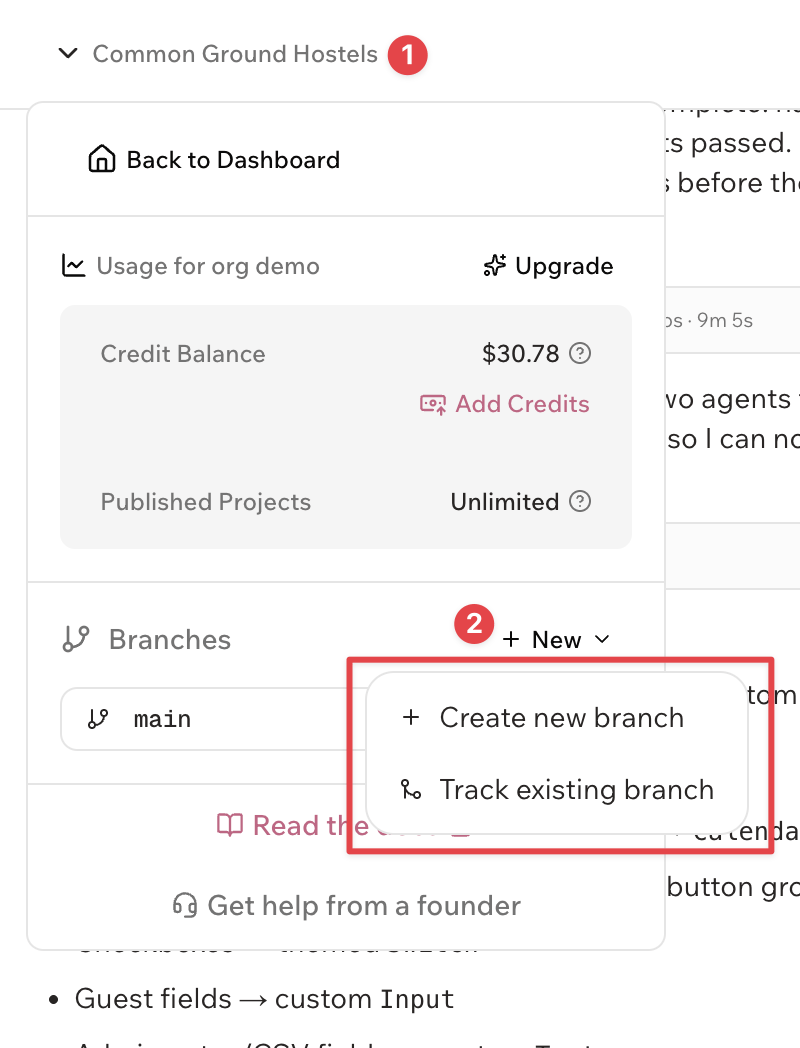Project branch menu with Create new branch and Track existing branch actions