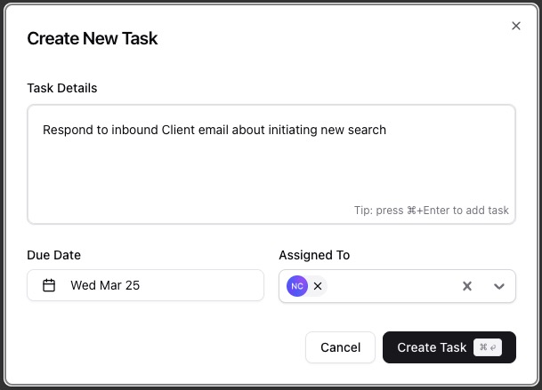 Creating a task from the Tasks page — screenshot 2