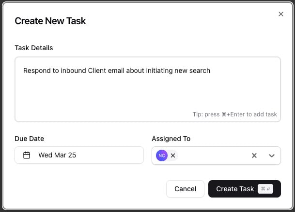 Creating a task from the Tasks page — screenshot 2