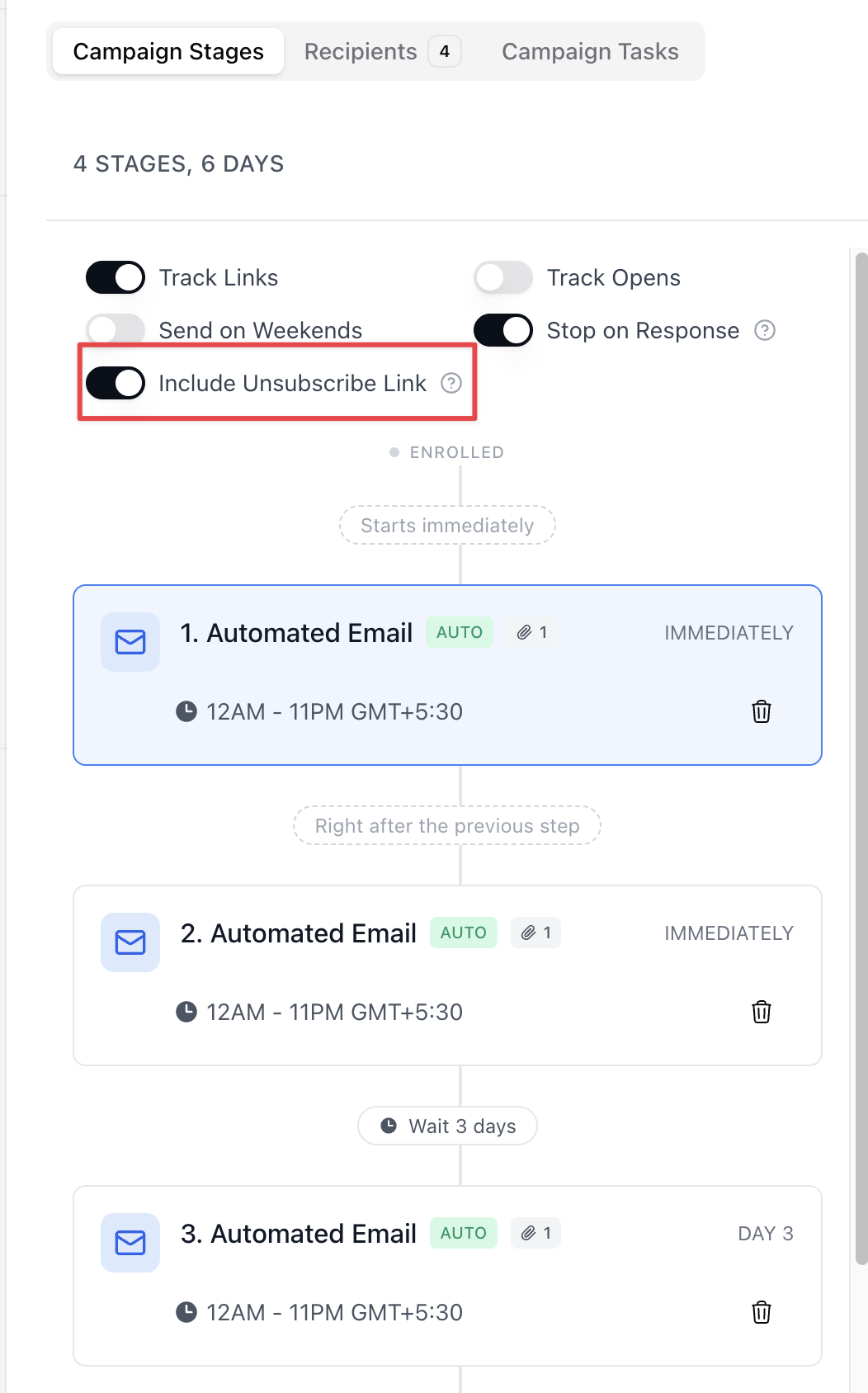 Turn on the link for a campaign — screenshot 1