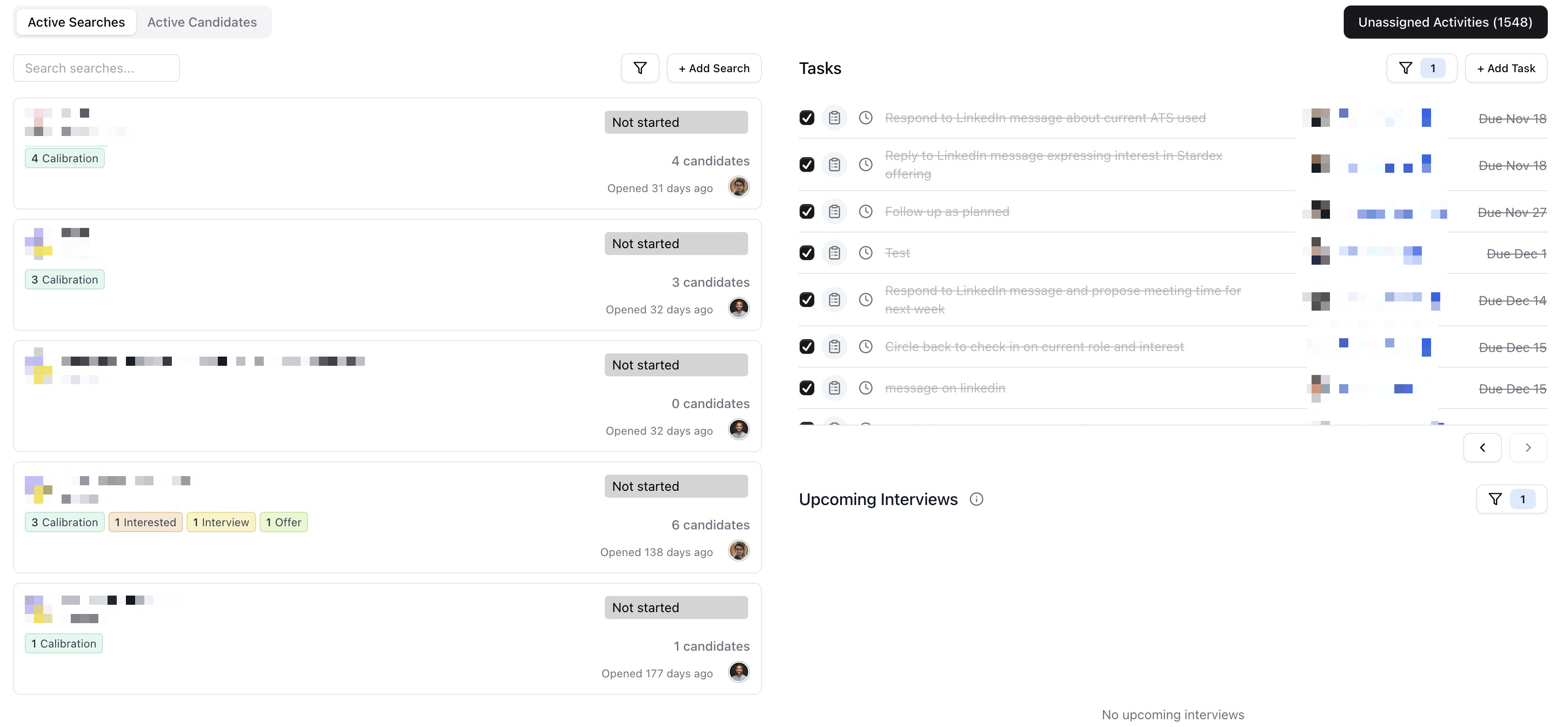 Checking your tasks and interviews, then scanning candidates — screenshot 1