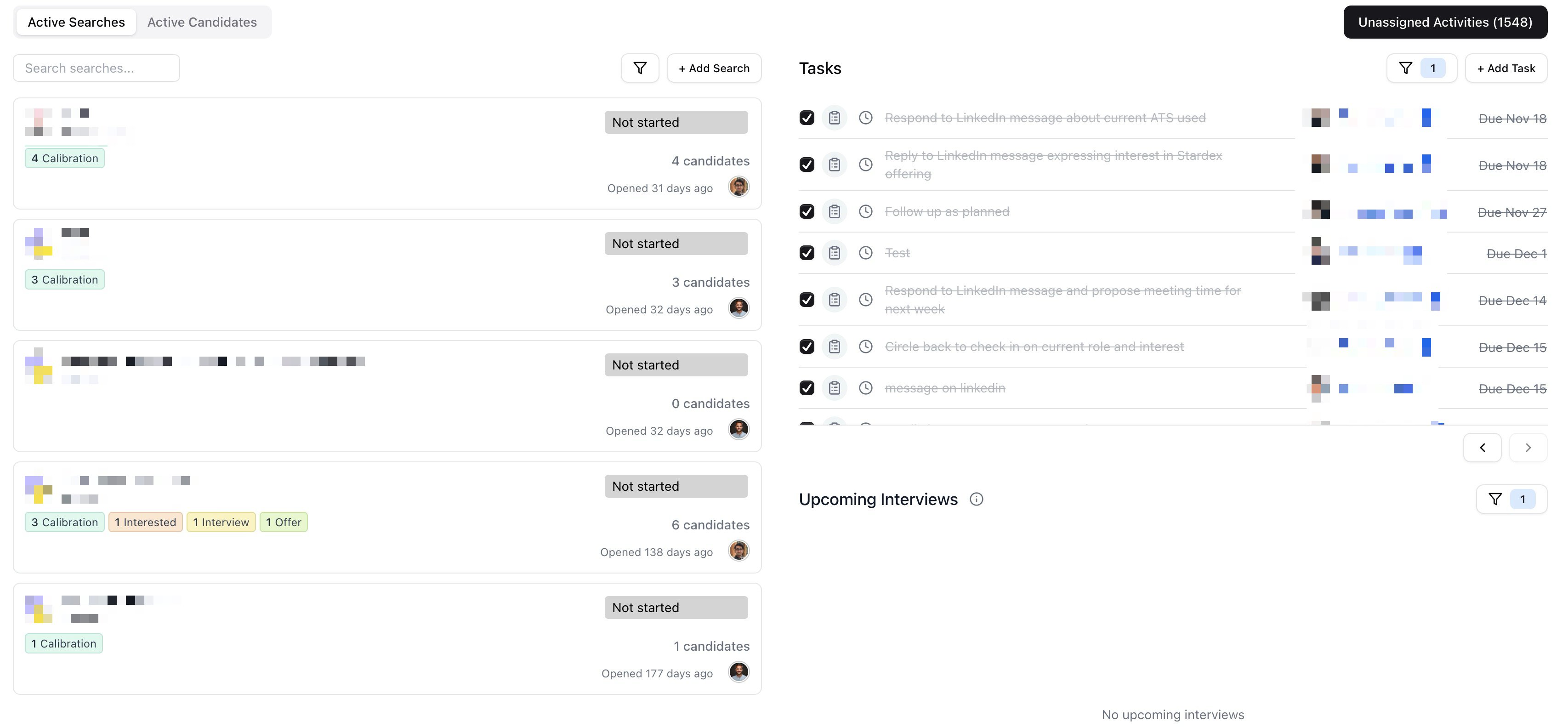 Checking your tasks and interviews, then scanning candidates — screenshot 1