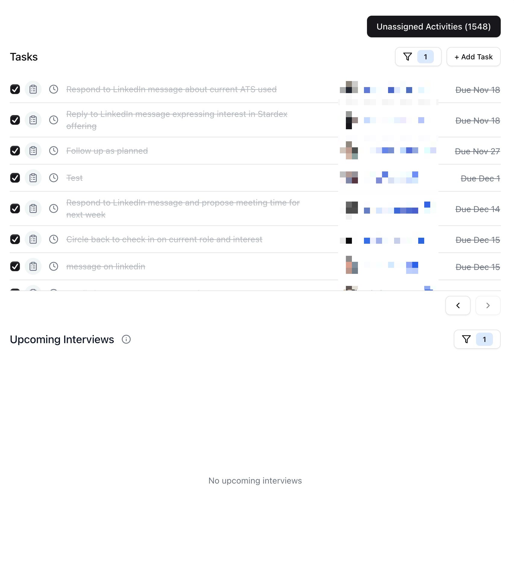 Right side — tasks and upcoming interviews — screenshot 3